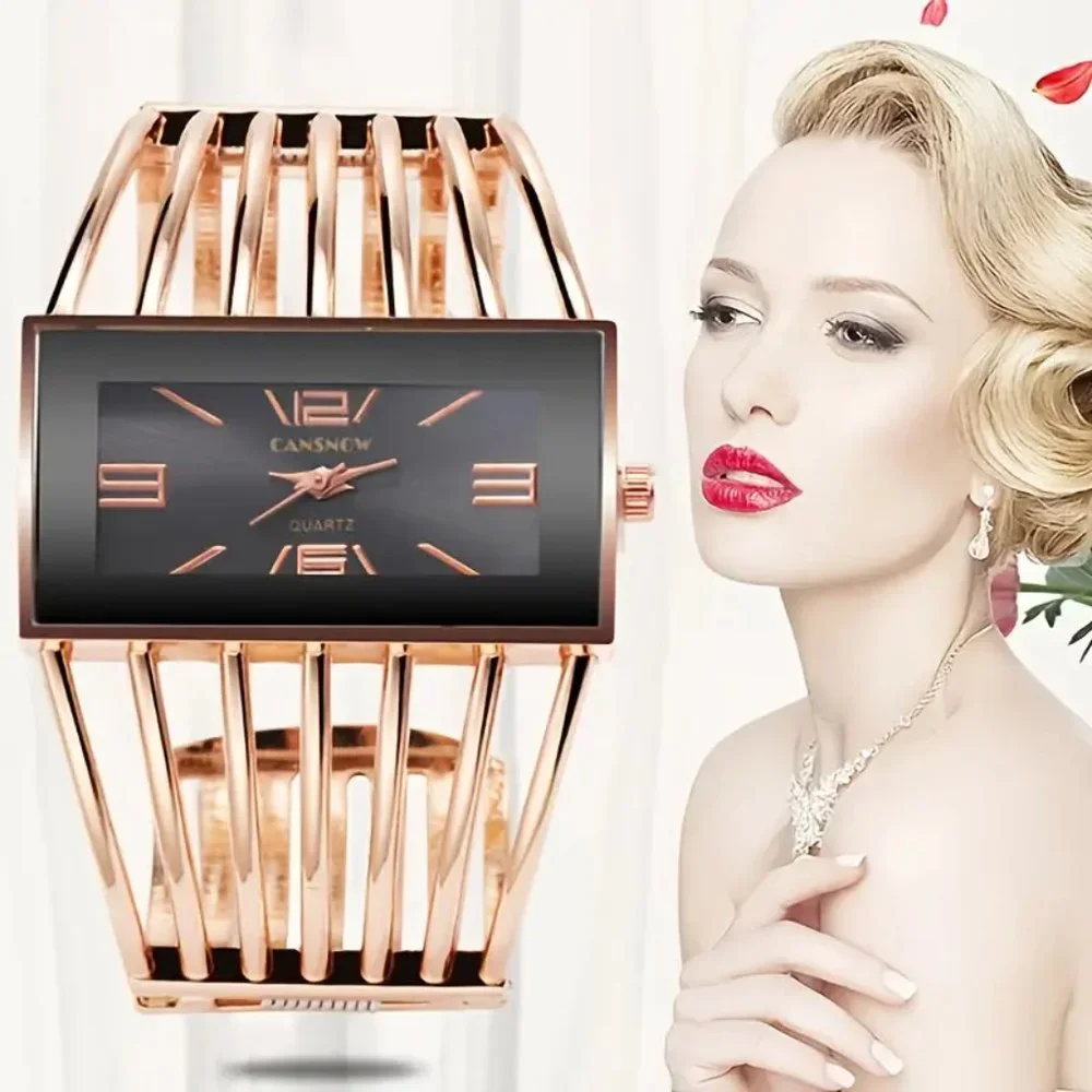 Women Rectangular Cuff Bracelet Watch Fashion Rosh Gold with Black Dial